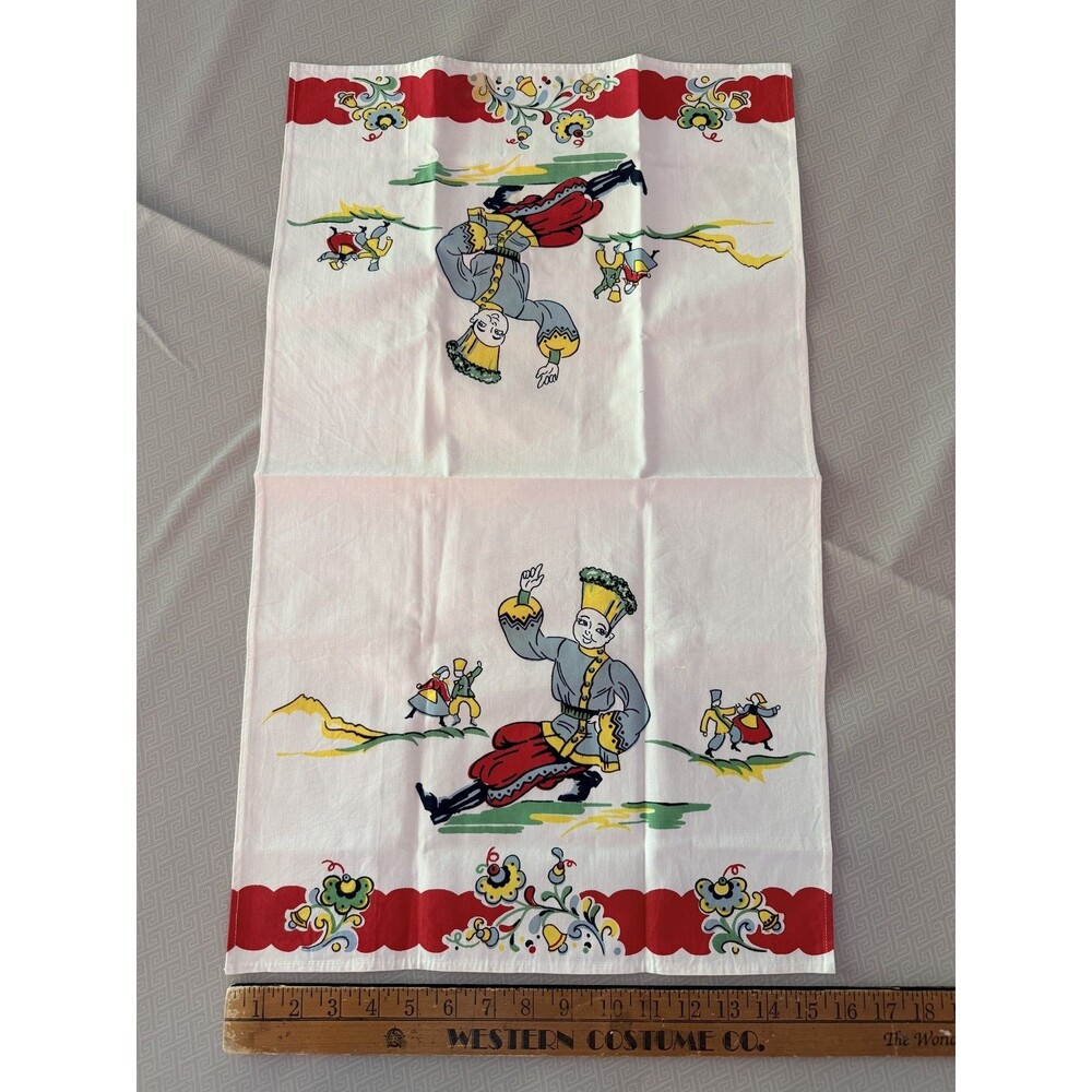 Vintage Folk Art Russian Dancers Kitchen Towel Dishcloth White Red Trim